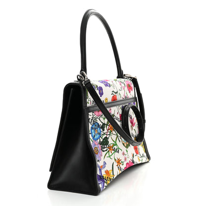 Balenciaga X GUCCI Canvas Boarded Plutone Calfskin Flora Logo Print Medium Hourglass Top Handle Bag White Multicolor Black 3 of 14