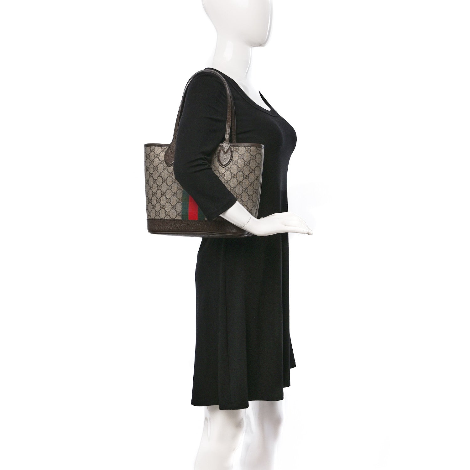 Gucci GG Supreme Monogram Textured Dollar Calfskin Web Small Ophidia Tote Beige Ebony New Acero 2 of 8