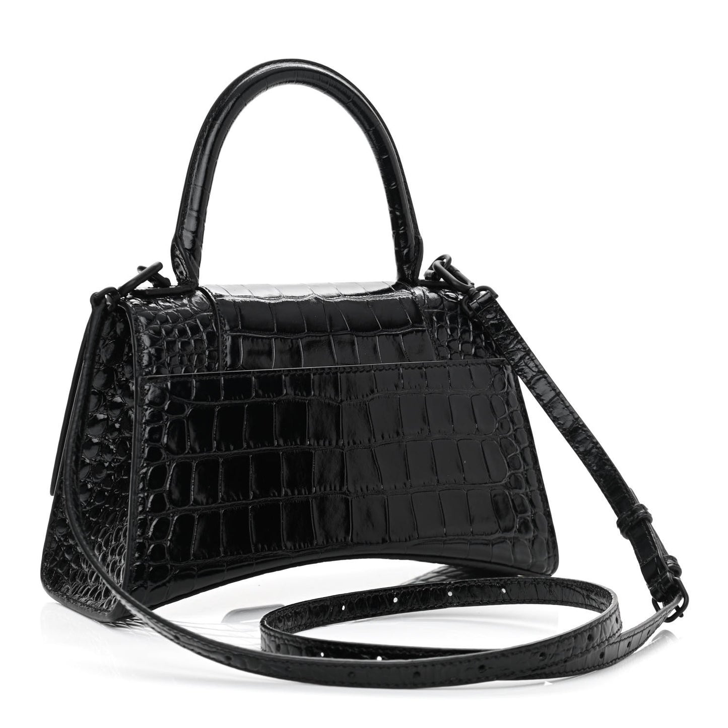 Shiny Calfskin Monochrome Crocodile Embossed Small Hourglass Top Handle Bag Black