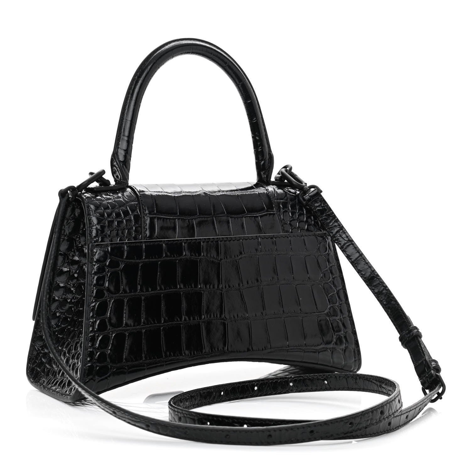 Balenciaga Shiny Calfskin Monochrome Crocodile Embossed Small Hourglass Top Handle Bag Black 3 of 11