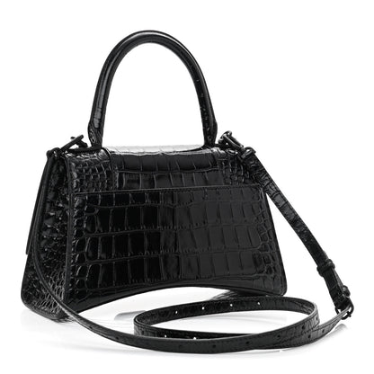Balenciaga Shiny Calfskin Monochrome Crocodile Embossed Small Hourglass Top Handle Bag Black 3 of 11