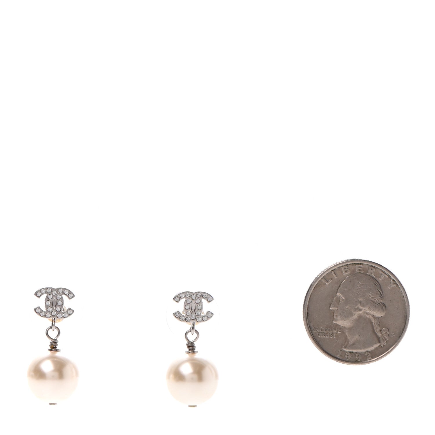 Chanel Crystal Pearl CC Drop Earrings Silver 2 of 4