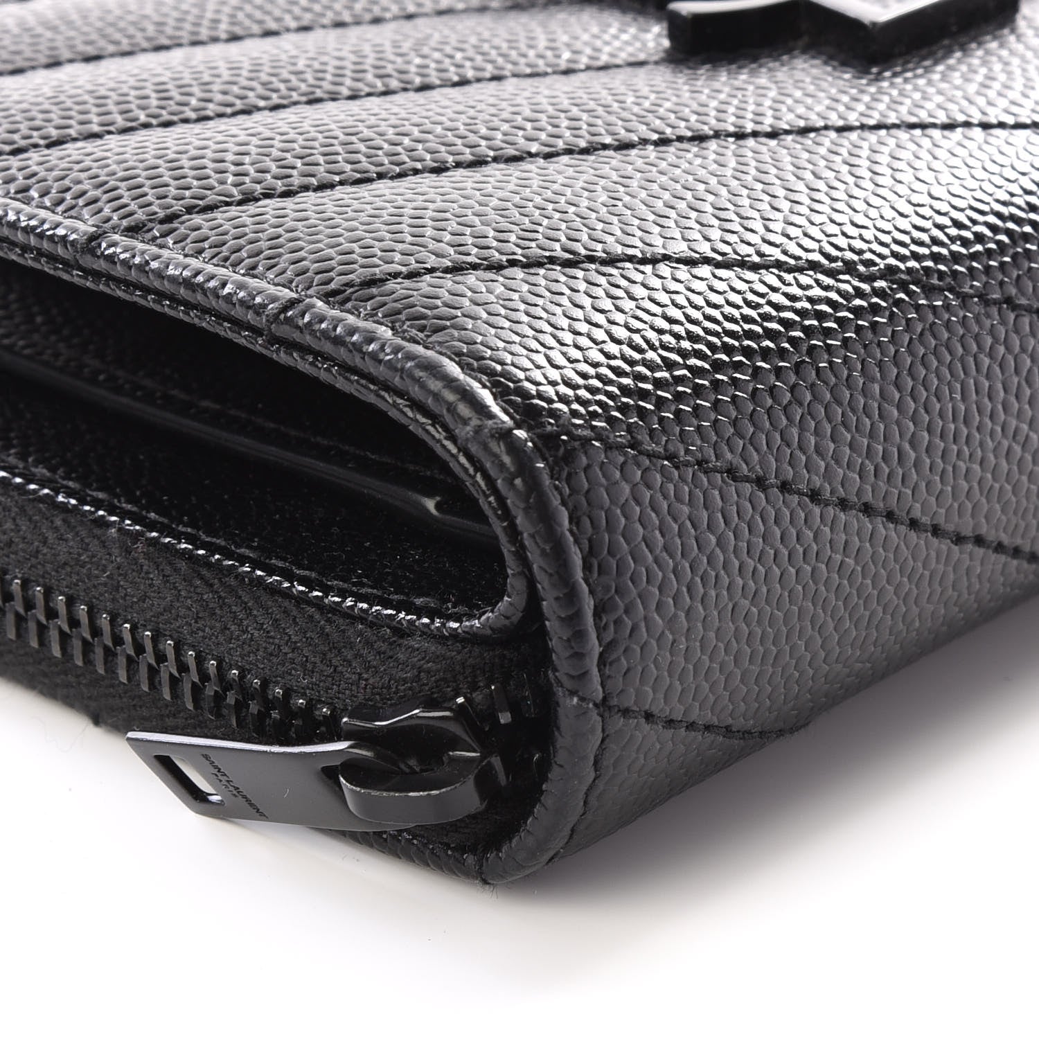 Saint Laurent Grain De Poudre Matelasse Chevron Monogram Compact Zip Around Wallet Black 5 of 10