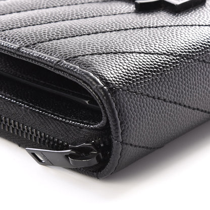 Saint Laurent Grain De Poudre Matelasse Chevron Monogram Compact Zip Around Wallet Black 5 of 10