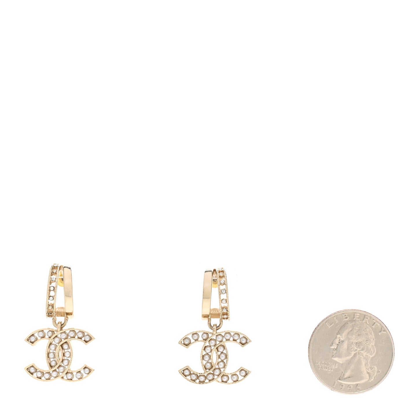 Crystal Pearl CC Hoop Drop Earrings Gold