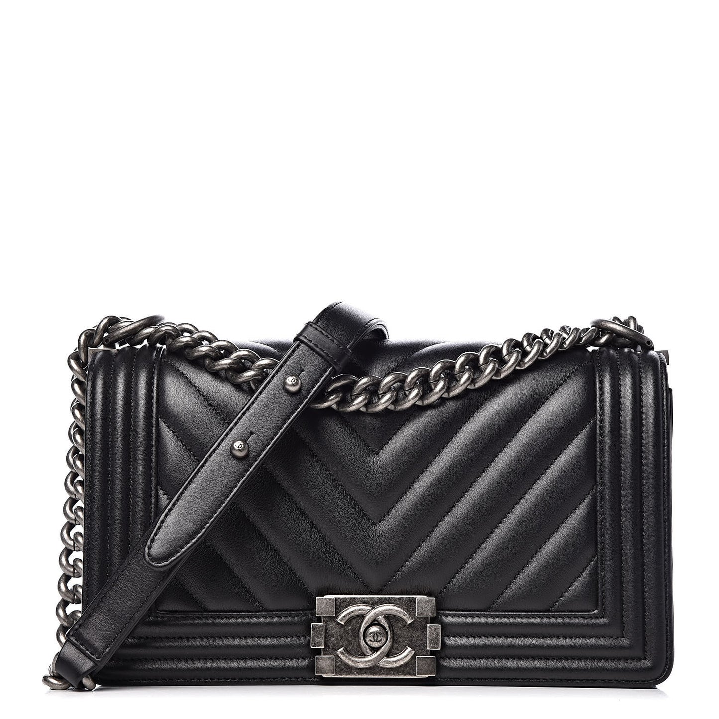 Calfskin Chevron Quilted Medium Boy Flap Black