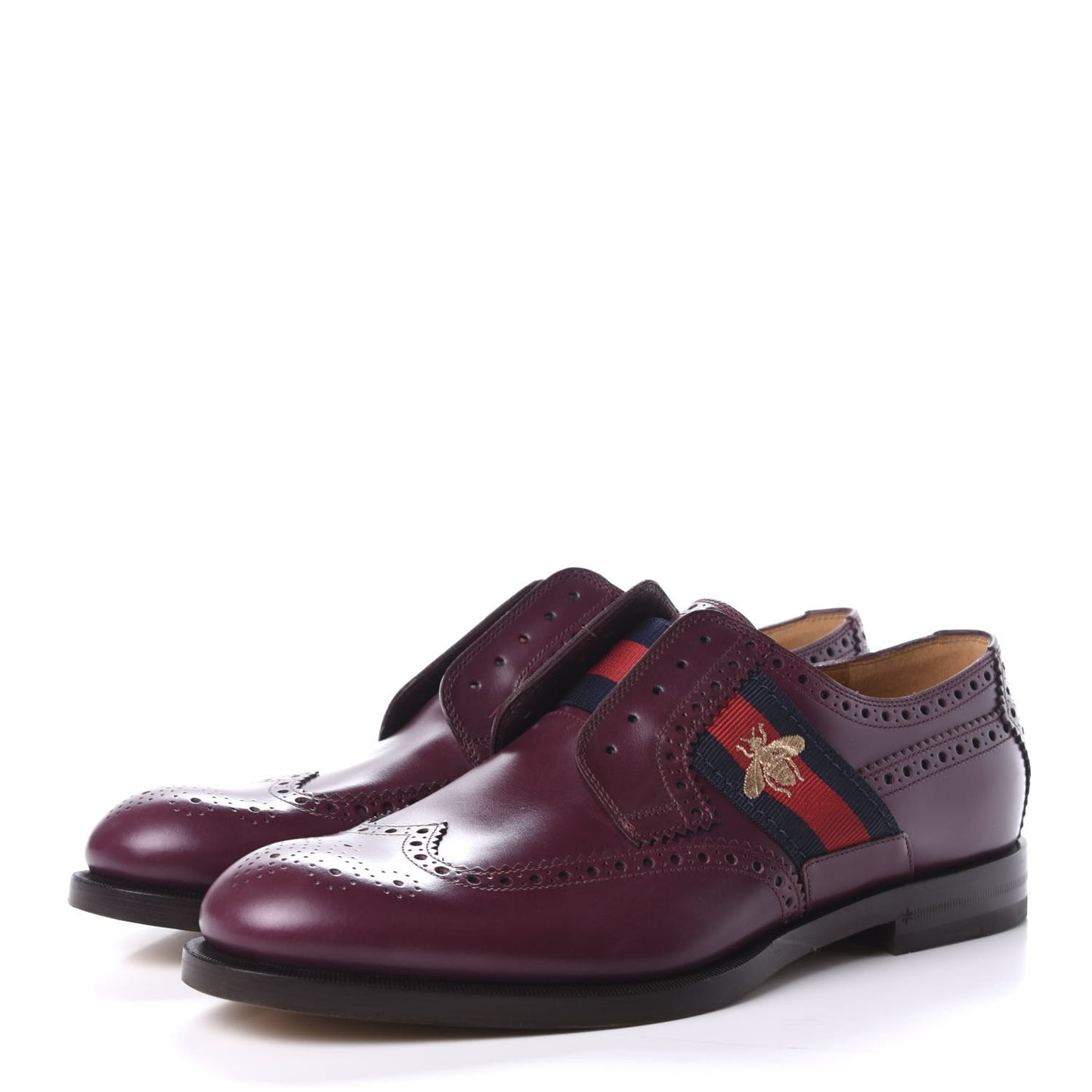 Calfskin Web Bee Embroidered Mens Slip-On Brogue Wingtip Derby Shoes 9 Bordeaux