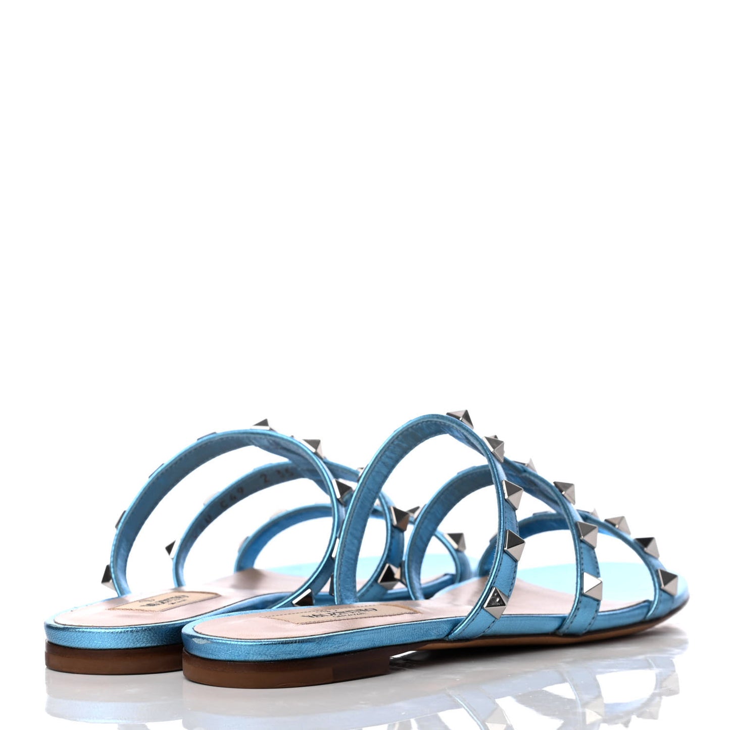 Metallic Nappa Rockstud Caged Flat Slide Sandals 35 Cerulean