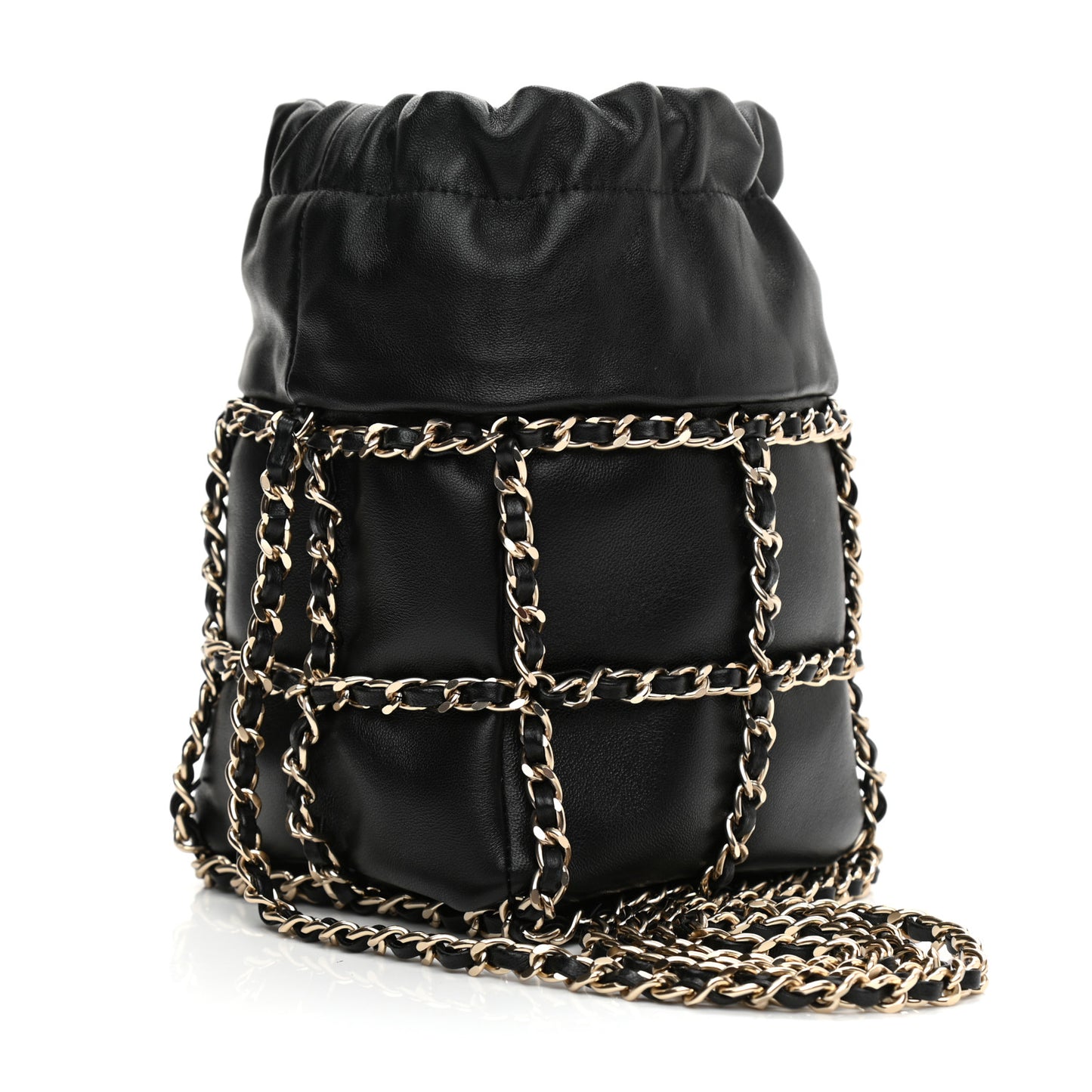 Lambskin Bucket Chain Drawstring Bag Black