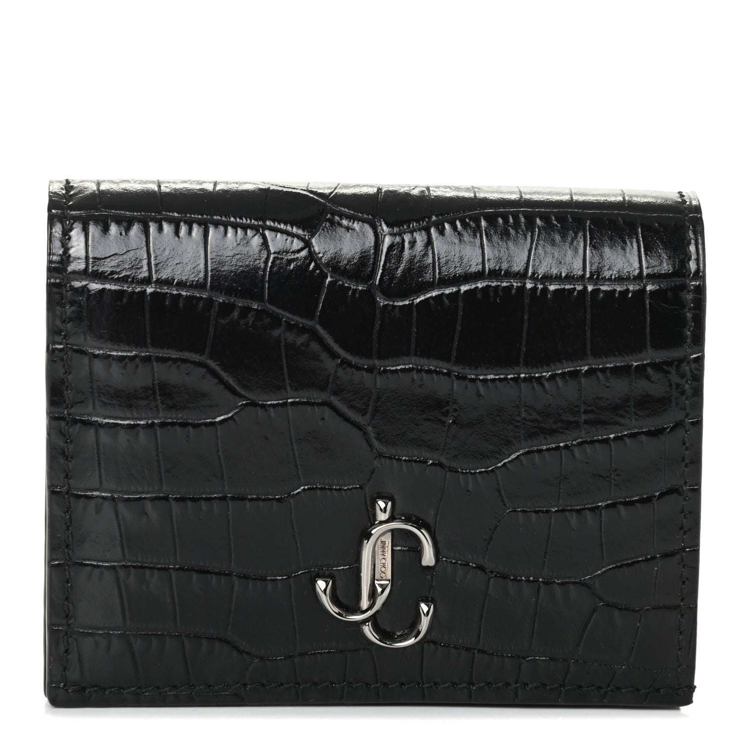 Jimmy Choo Calfskin Crocodile Embossed Hanne Wallet Black 1 of 6