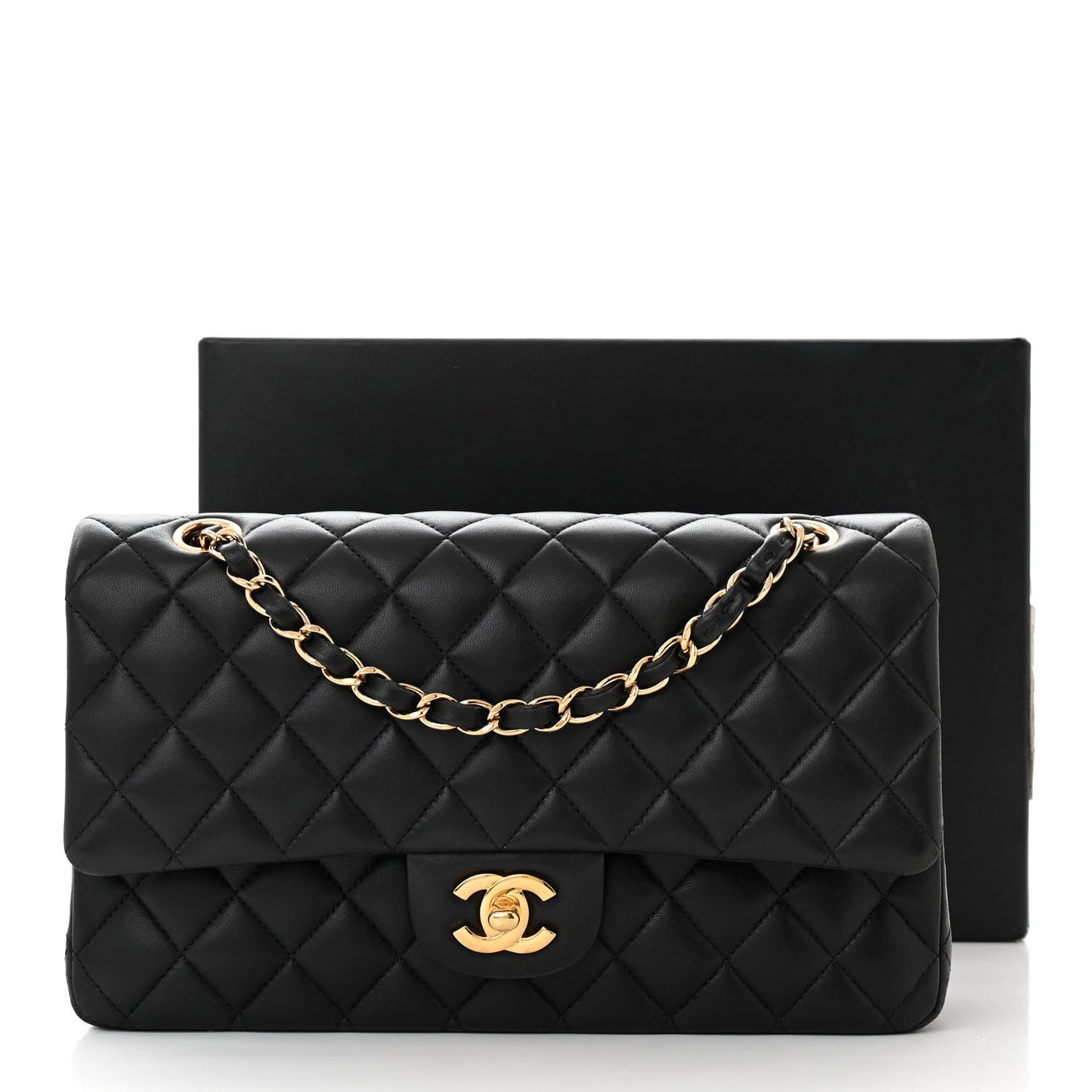 Lambskin Quilted Medium Double Flap Black