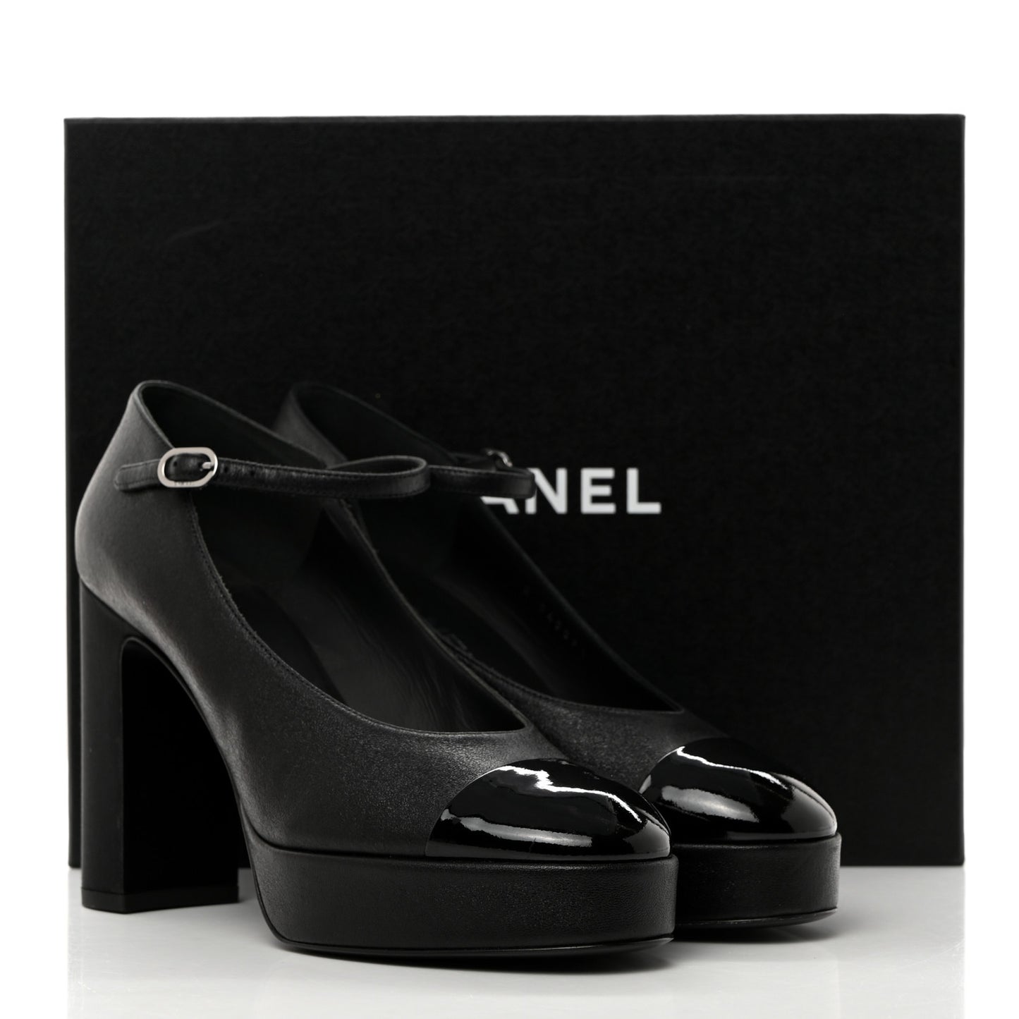 Lambskin Patent Cap Toe Mary Jane Platform Pumps 38.5 Black