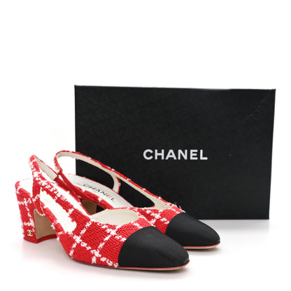 Chanel Tweed Grosgrain Cap Toe CC Slingback Pumps 39 Red White 11 of 11