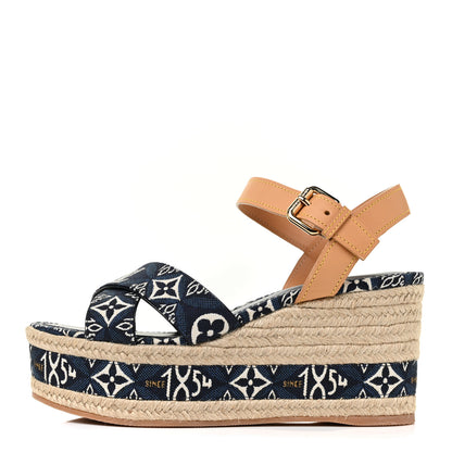 Louis Vuitton Jacquard Calfskin Since 1854 Boundary Wedge Sandals 37.5 Blue 1 of 7