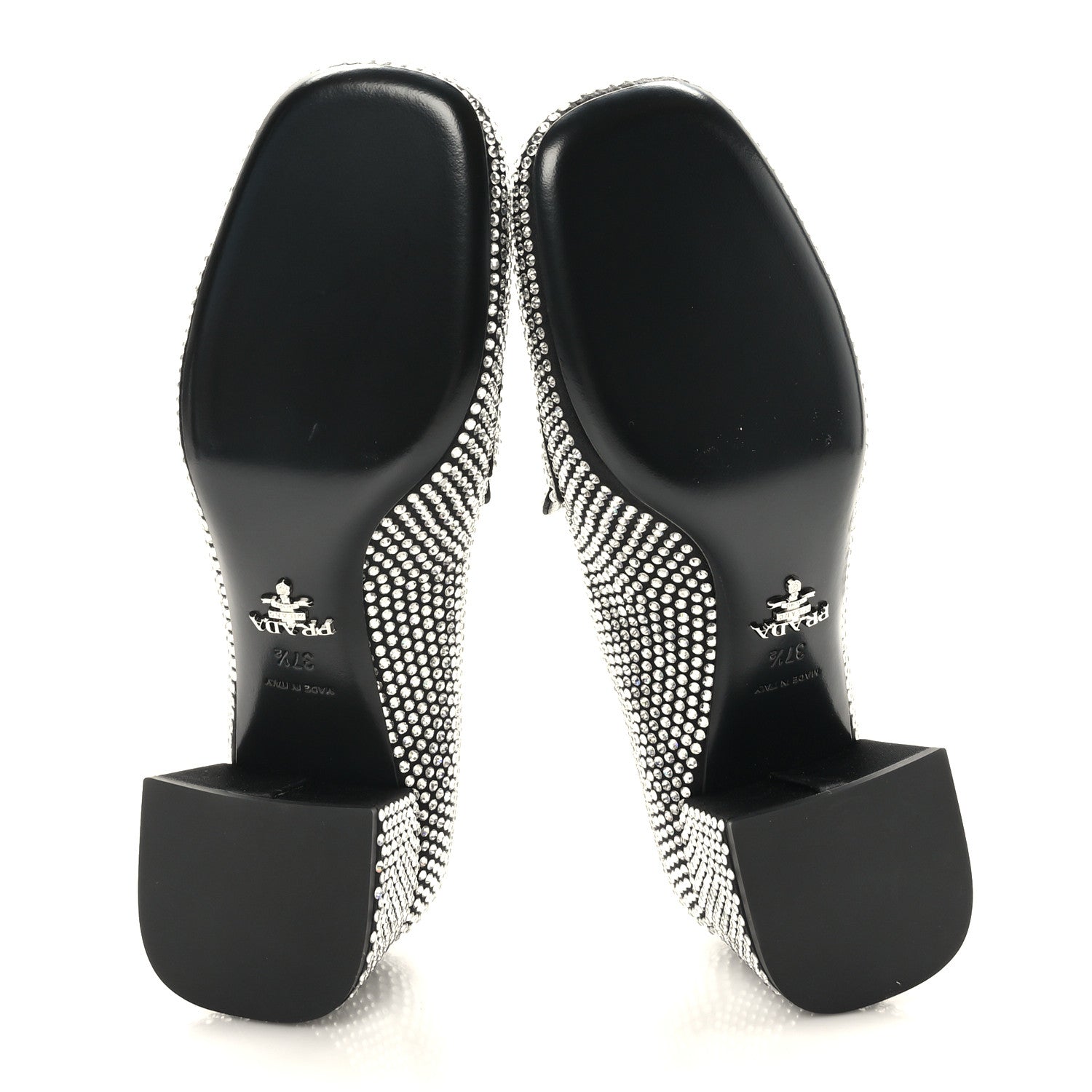 Prada Satin Crystal Embellished Womens Metal Triangle Logo 50mm Loafers 37.5 Crystal 5 of 8