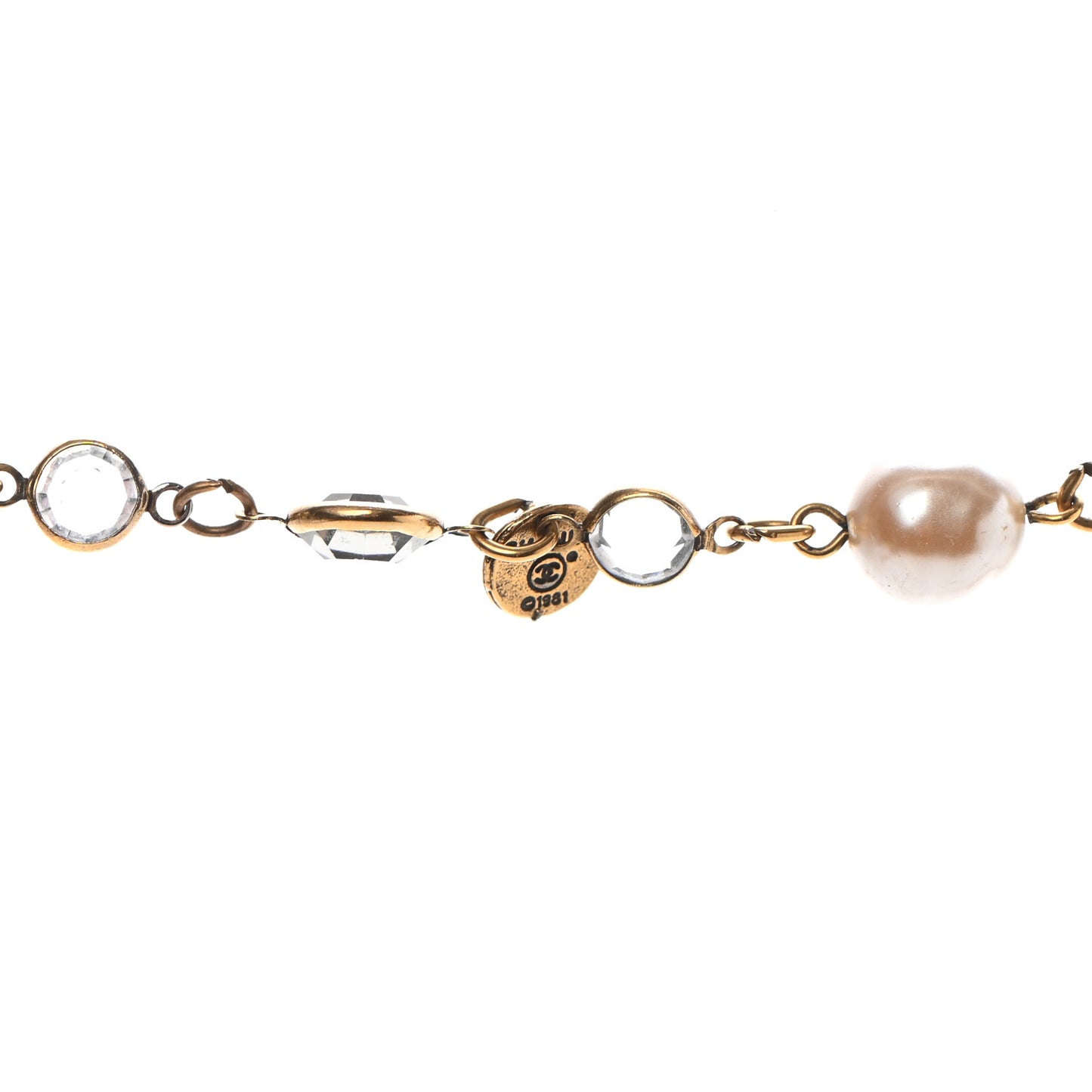 Crystal Pearl CC Long Necklace Gold