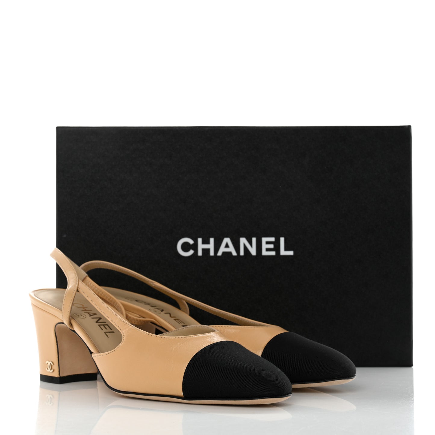 Goatskin Grosgrain Cap Toe CC Slingback Pumps 37.5 Beige Black