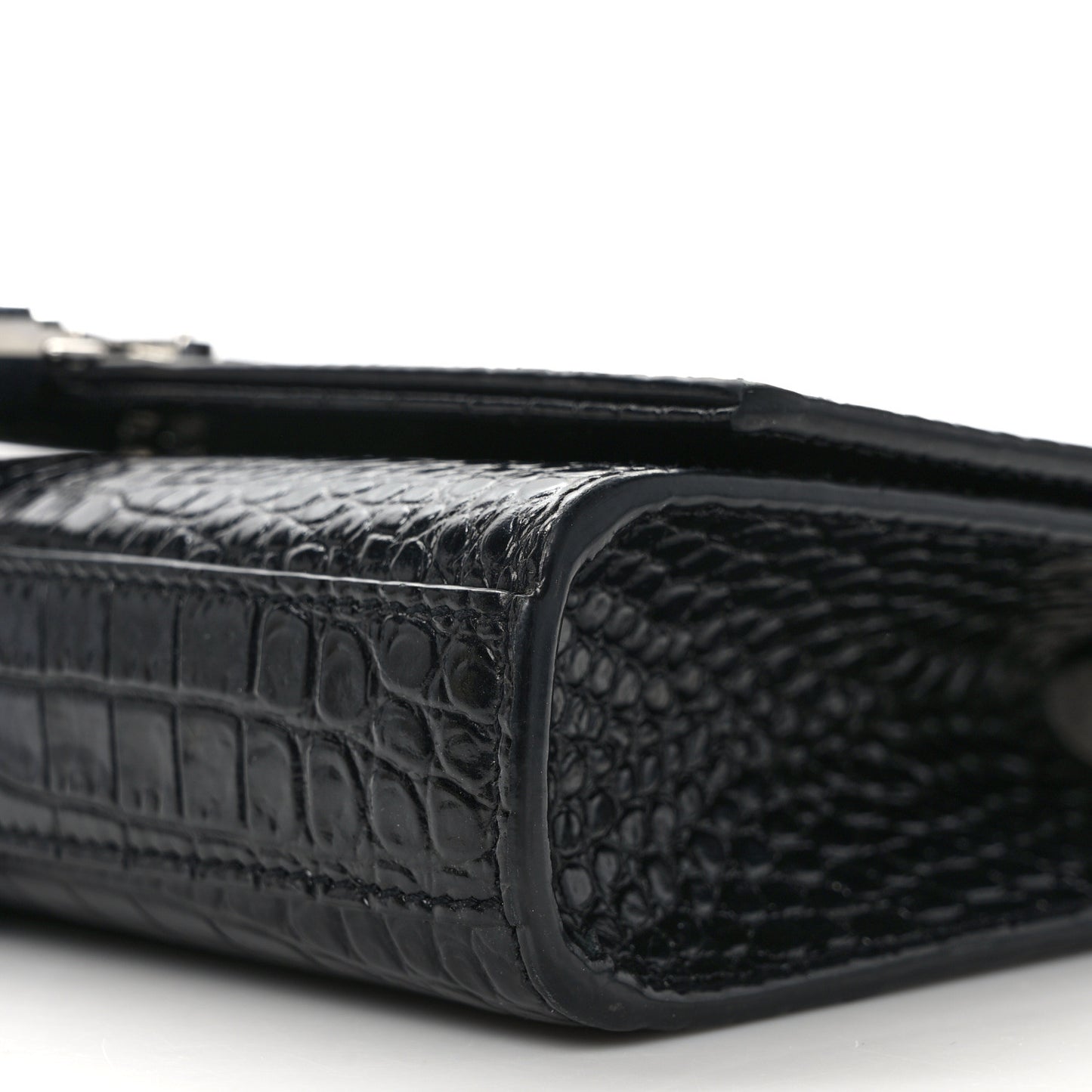 SAINT LAURENT Calfskin Crocodile Embossed Small Classic Monogram Kate Tassel Satchel Black