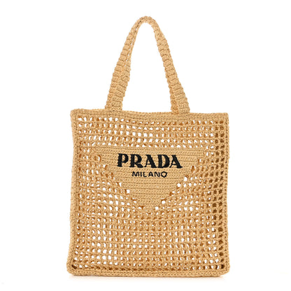 Prada Yarn Raffia Effect Crochet Logo Embroidered Tote Bag Naturale 1 of 9