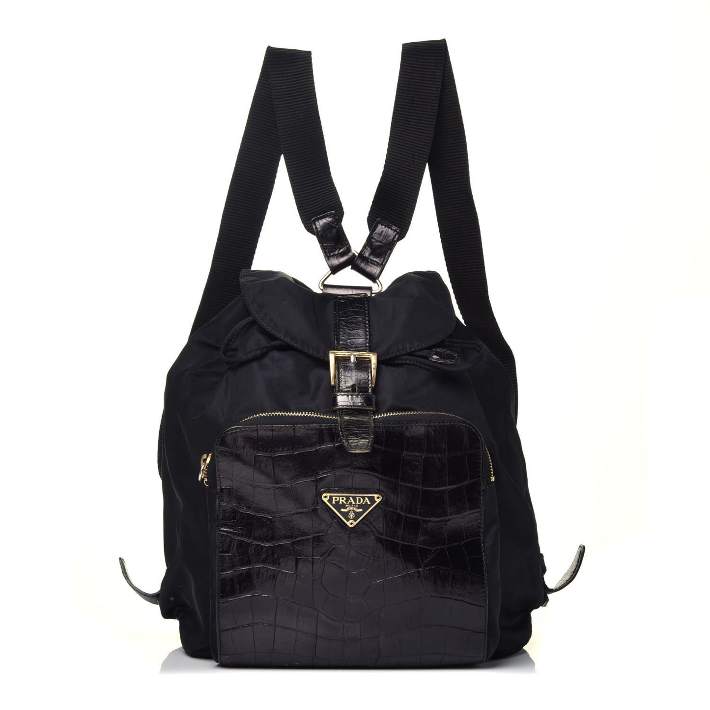 Tessuto Nylon Crocodile Embossed Calfskin Cinch Backpack Black