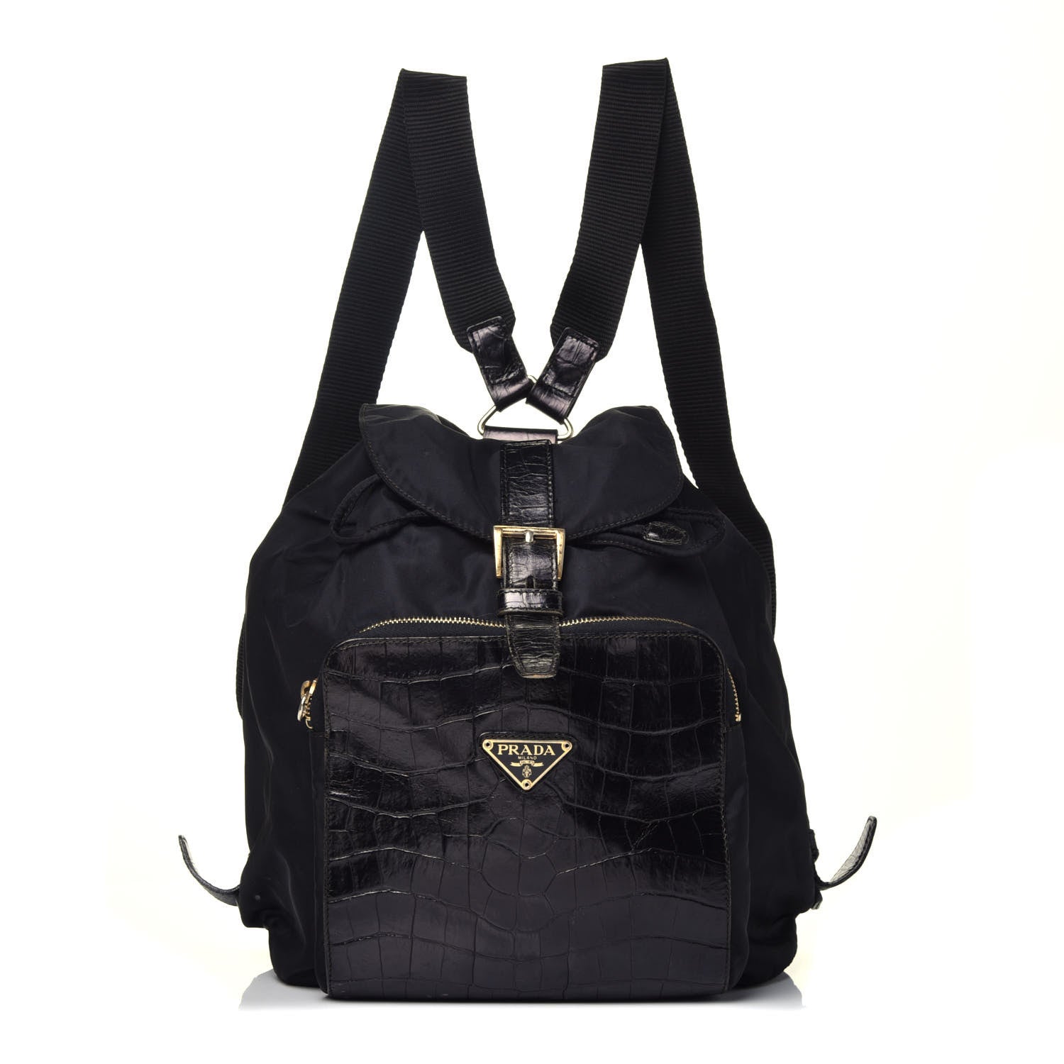Prada Tessuto Nylon Crocodile Embossed Calfskin Cinch Backpack Black 1 of 14