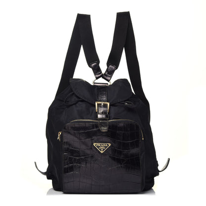 Prada Tessuto Nylon Crocodile Embossed Calfskin Cinch Backpack Black 1 of 14