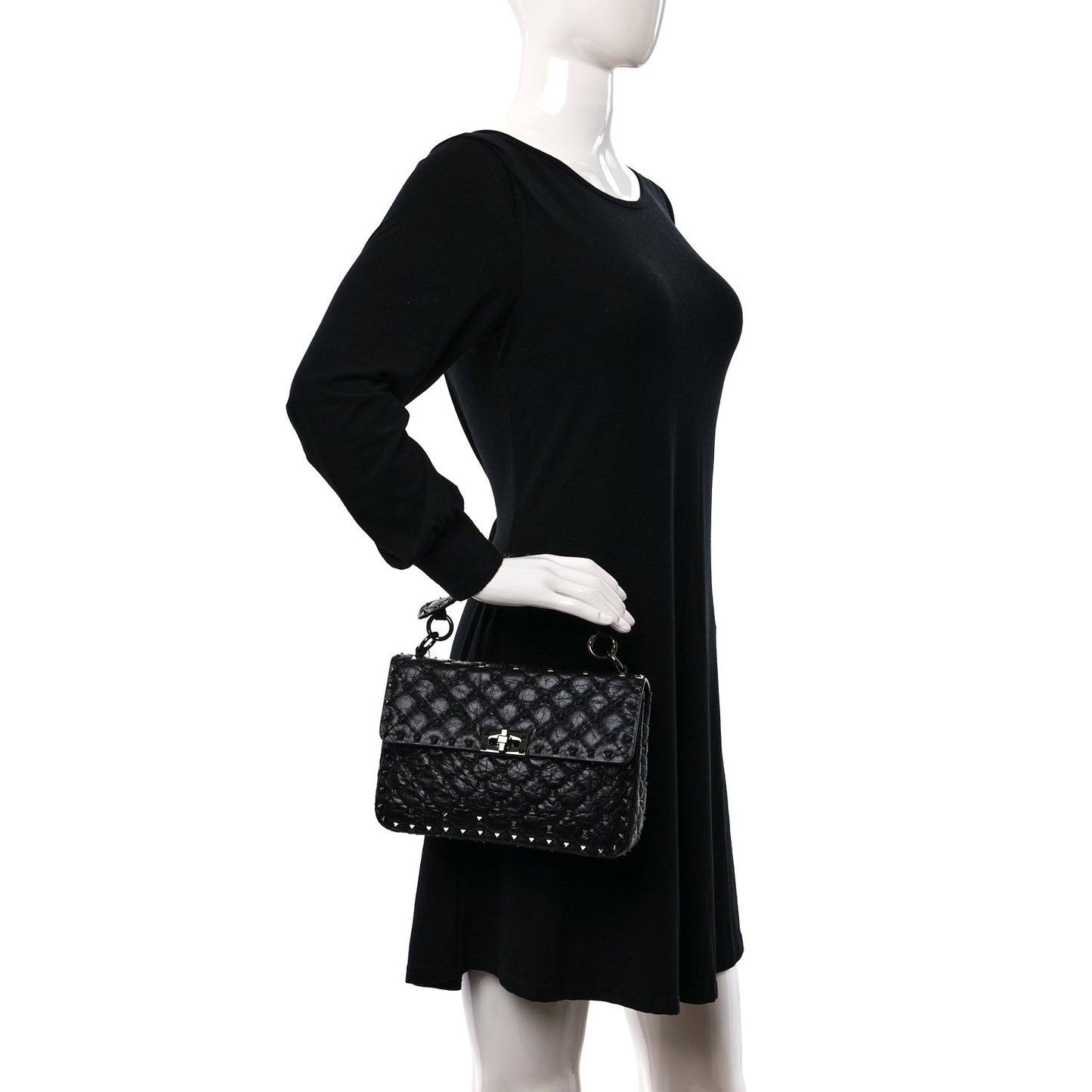 Craquele Nappa Medium Rockstud Spike Shoulder Bag Black