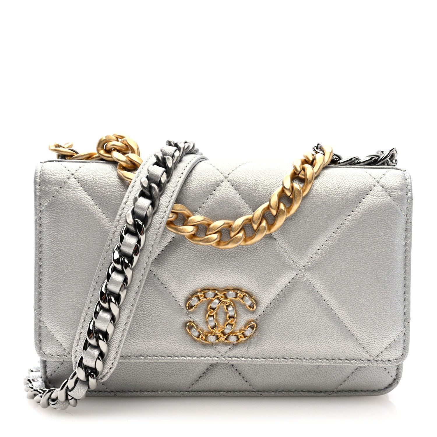 Chanel Metallic Lambskin Quilted Chanel 19 Wallet On Chain WOC Silver 1 of 11