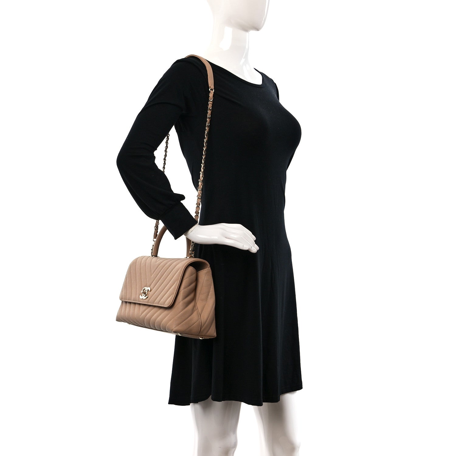 Chanel Caviar Chevron Quilted Small Coco Handle Flap Beige 2 of 9