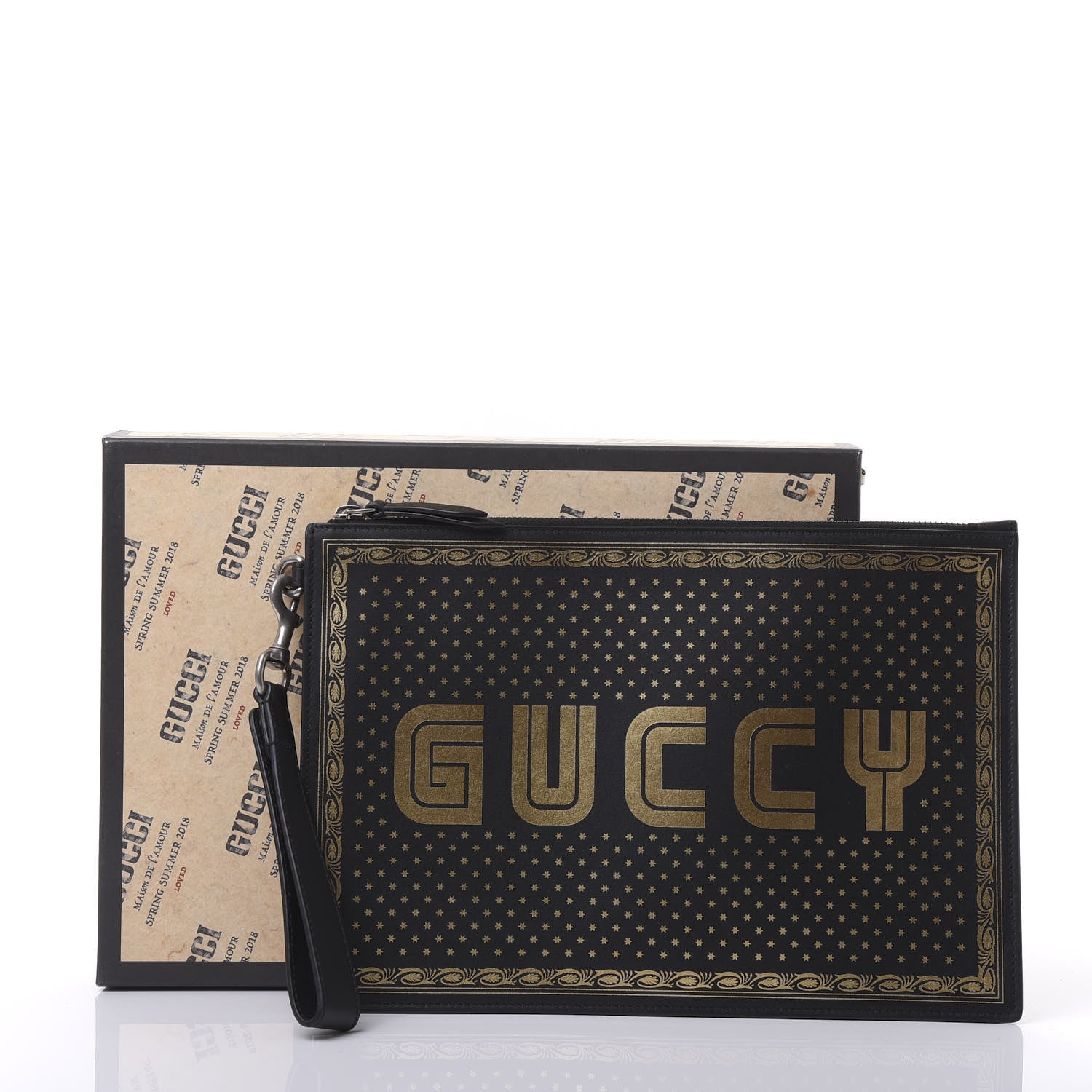 Gucci X SEGA Calfskin GUCCY Stars Zip Wristlet Pouch Black Gold 10 of 10