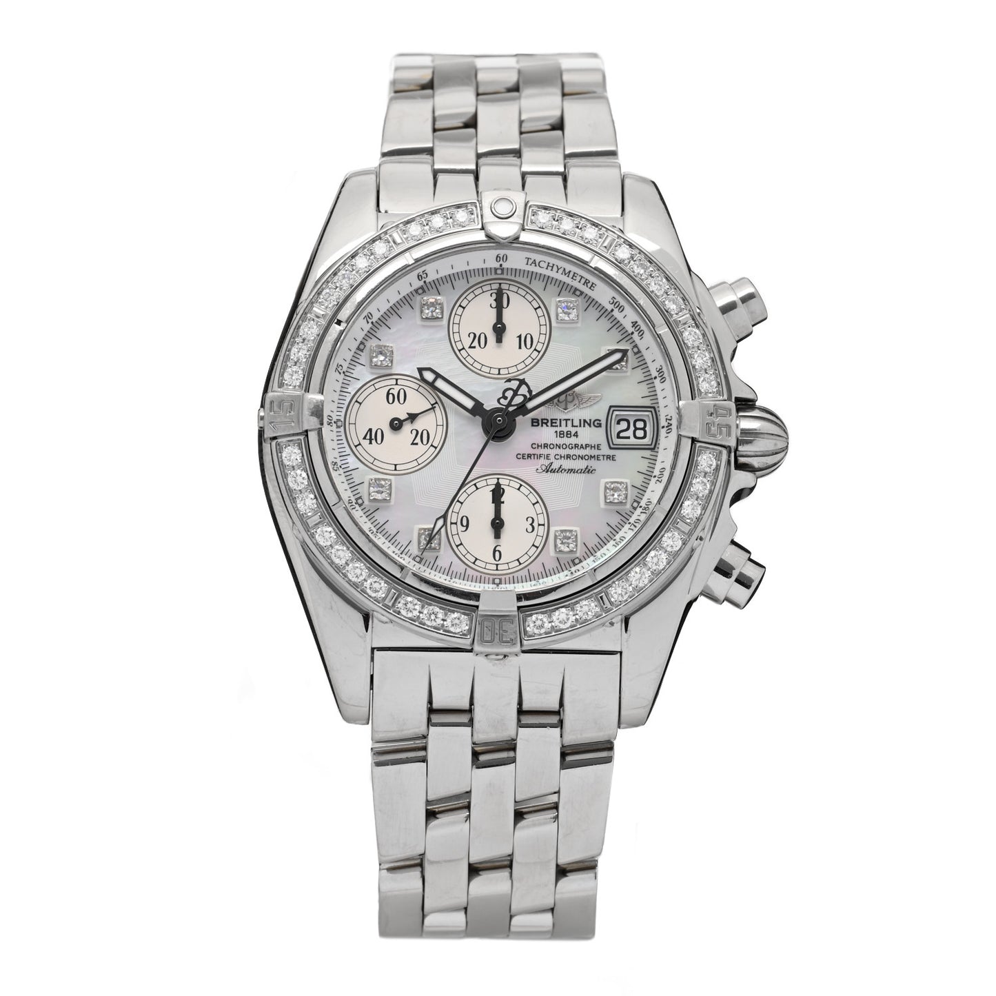 Stainless Steel Diamond Mother of Pearl 39mm Cockpit Chronograph Automatic Watch A13357
