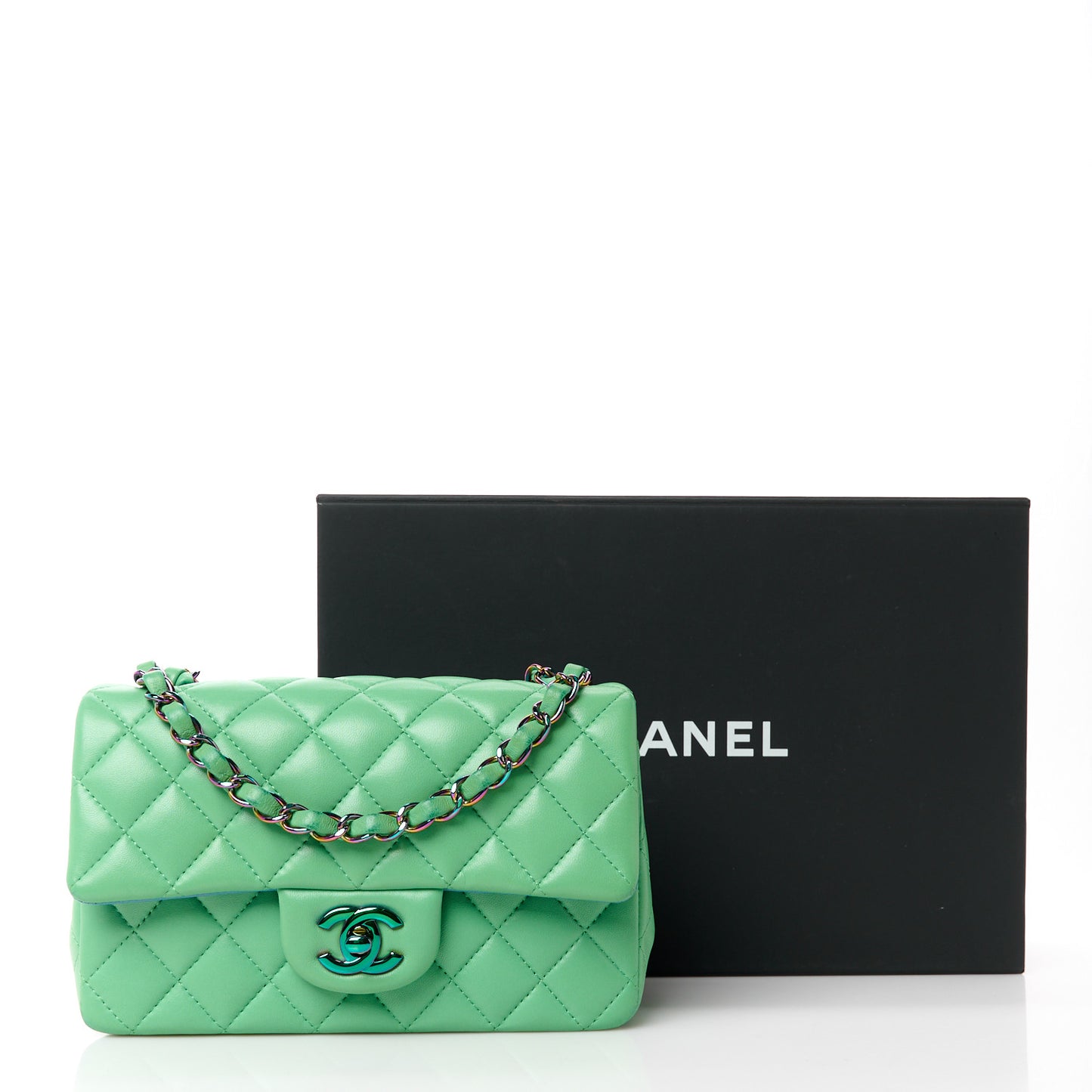 Lambskin Quilted Mini Rectangular Flap Green Blue