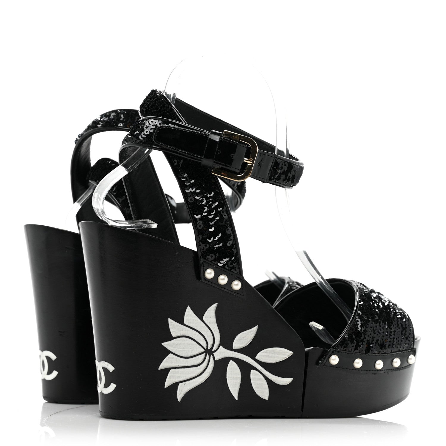 Chanel Sequin Wedge Sandals 40.5 Black 4 of 11
