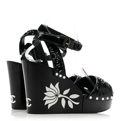 Chanel Sequin Wedge Sandals 40.5 Black 4 of 11