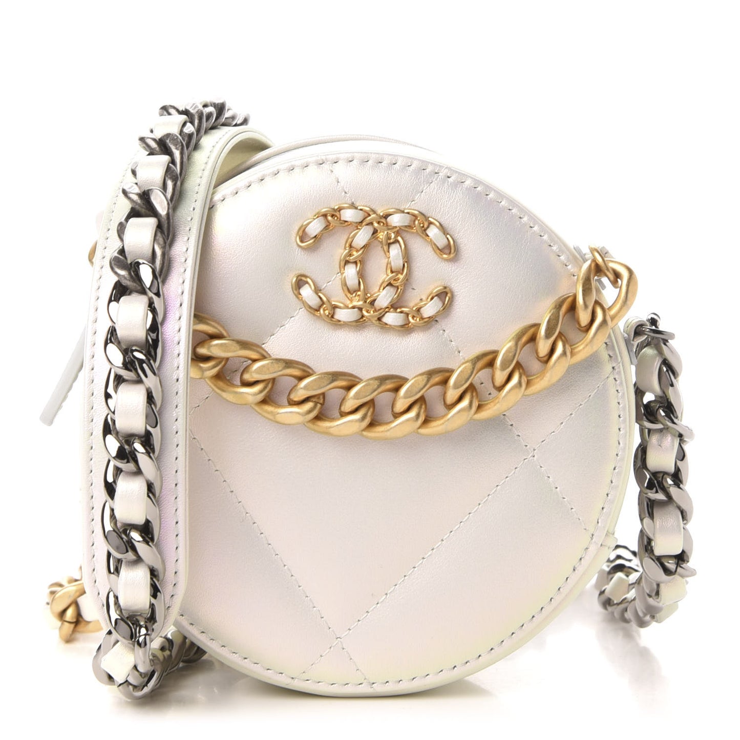 Iridescent Calfskin Quilted 19 Round Clutch With Chain White
