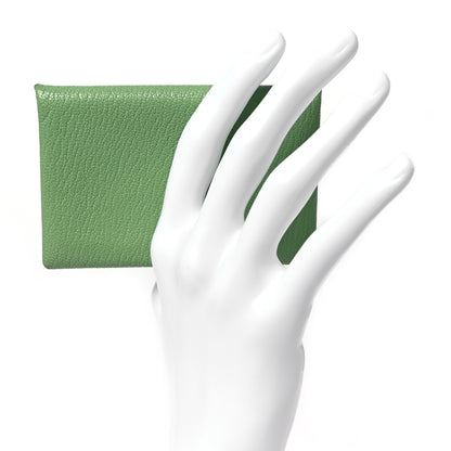Hermes Chevre Mysore Verso Calvi Card Case Vert Criquet Caramel 2 of 12