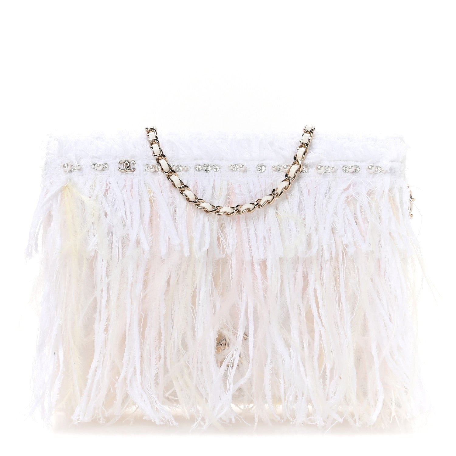 Chanel Tweed Embroidered Feathers Pearl Crystal Clutch White