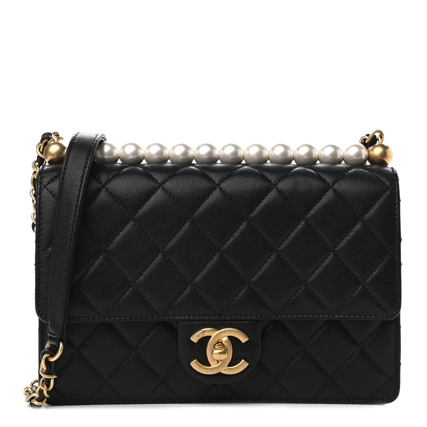 Goatskin Quilted Small Chic Pearls Flap Black