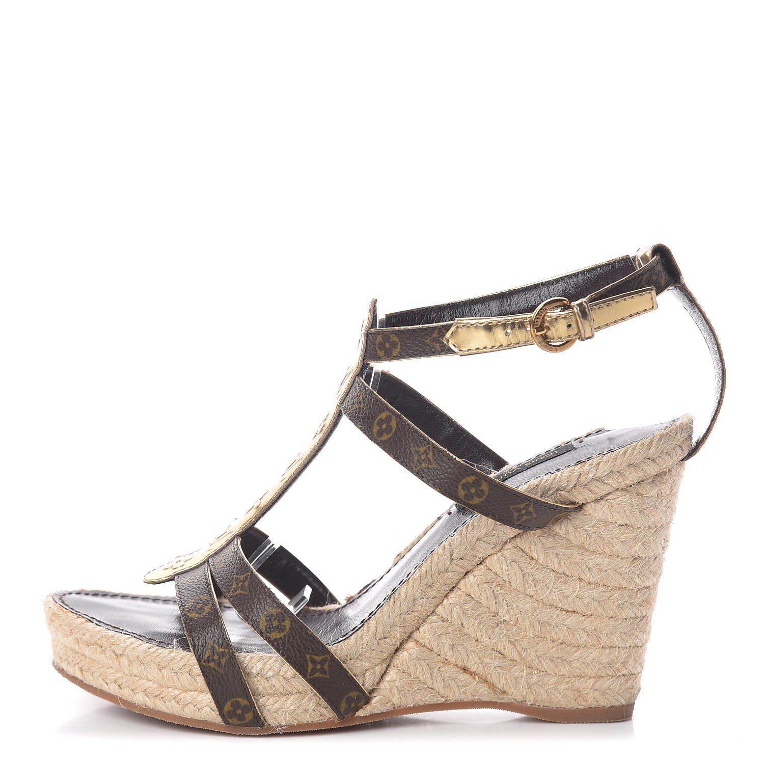 Louis Vuitton Monogram Metallic Bahamas T-Strap Espadrille Wedge Sandals 37 Brown 1 of 10