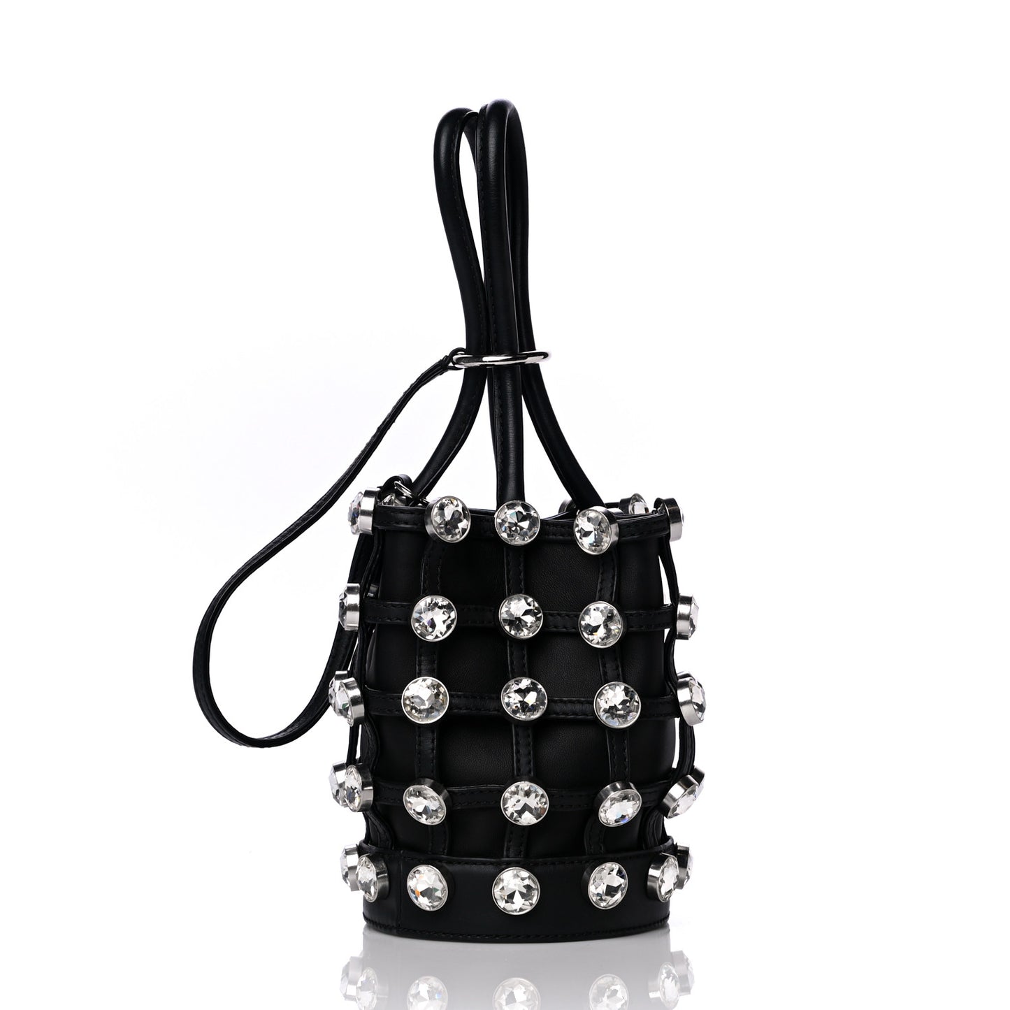 Calfskin Crystal Embellished Roxy Mini Bucket Bag Black