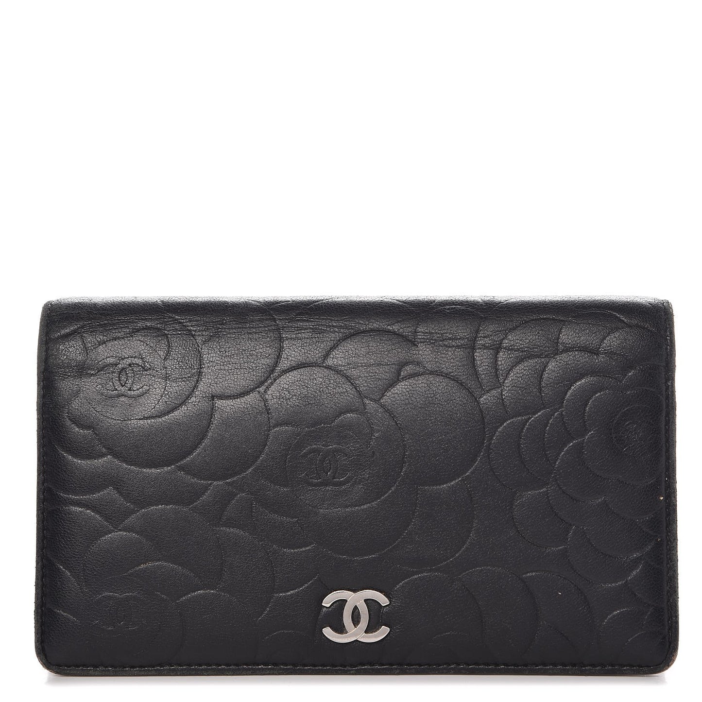 Lambskin Camellia Embossed Yen Wallet Black