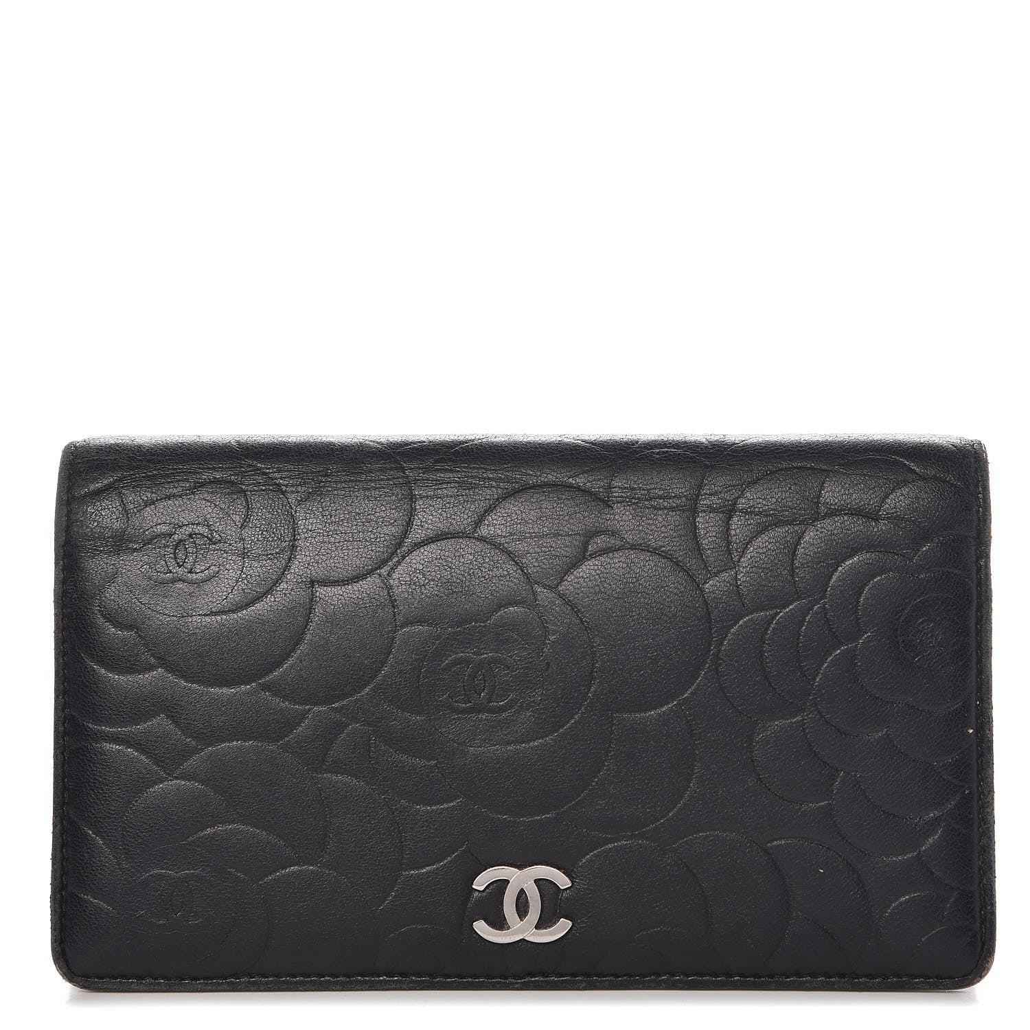 Chanel Lambskin Camellia Embossed Yen Wallet Black 1 of 15