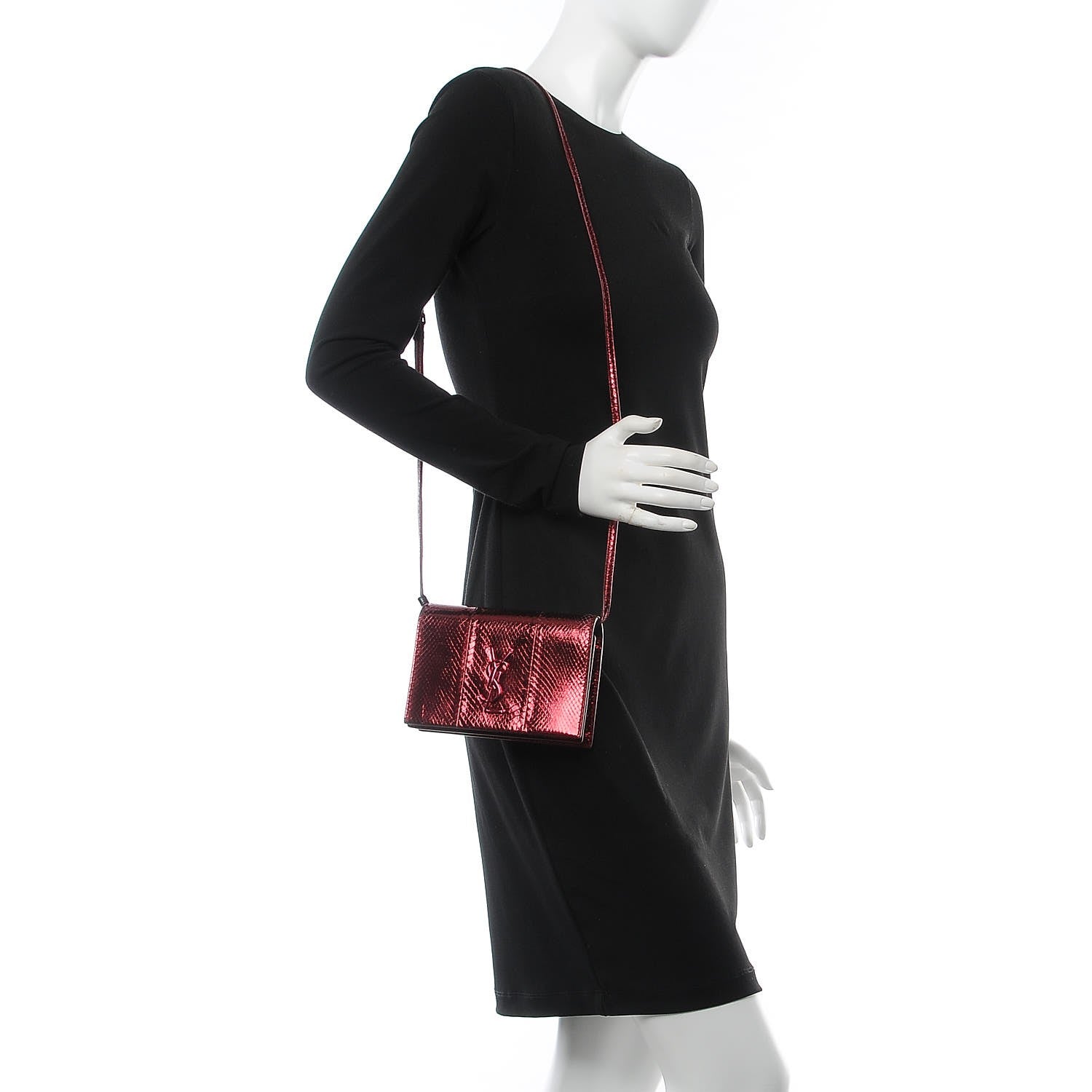 Saint Laurent Metallic Snakeskin Monogram Toy Kate Strap Wallet Cherry 2 of 7