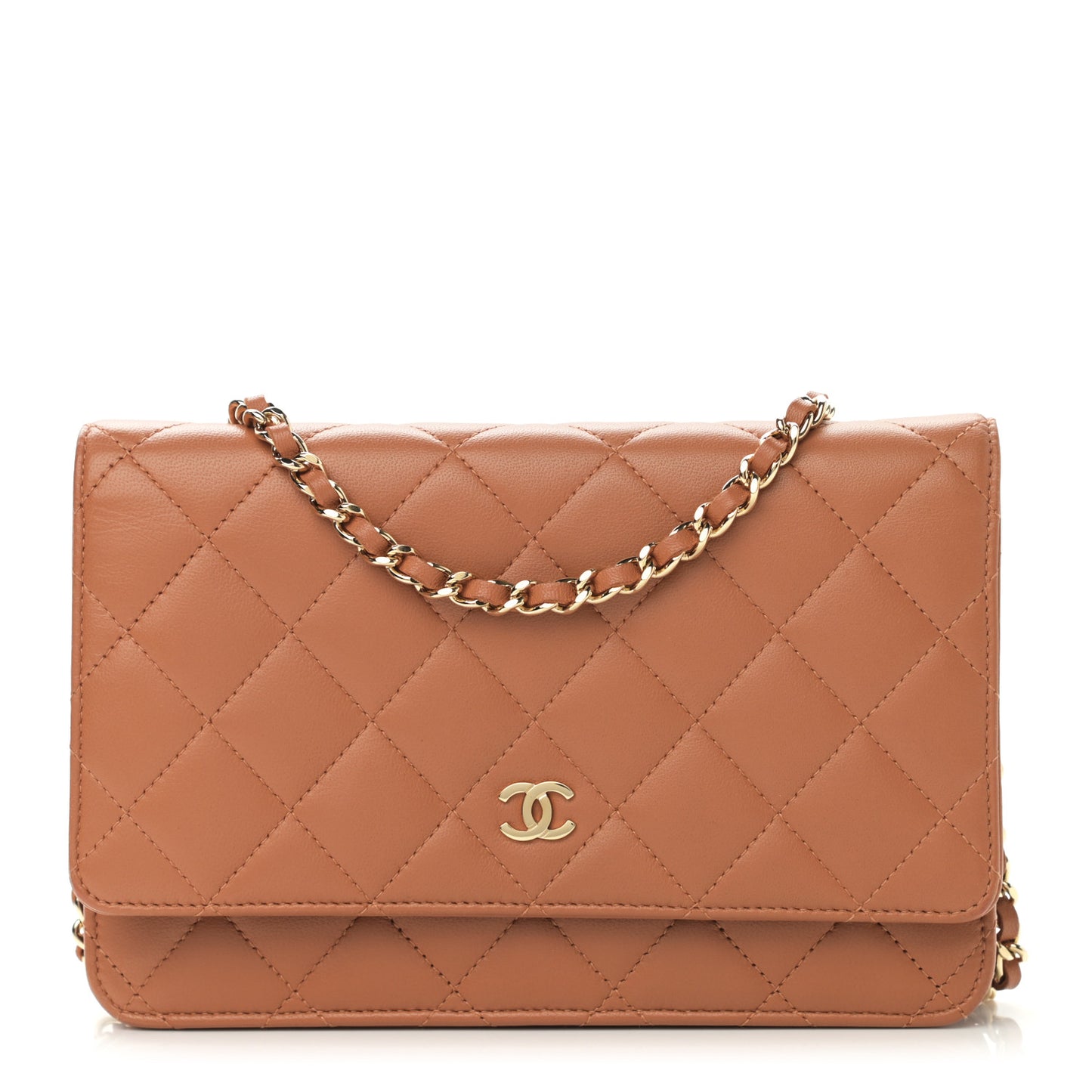 Lambskin Quilted Wallet on Chain WOC Dark Beige