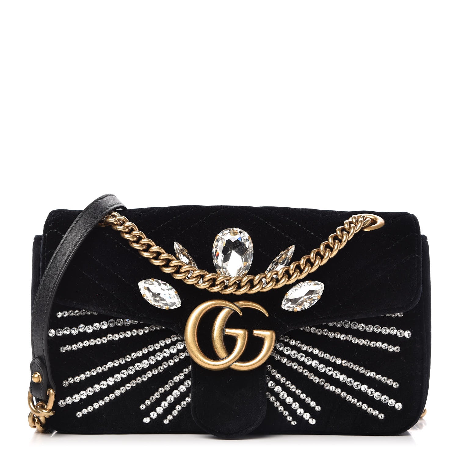 Gucci Velvet Matelasse Marquise Crystals Embroidered Small GG Marmont Shoulder Bag Black 1 of 10