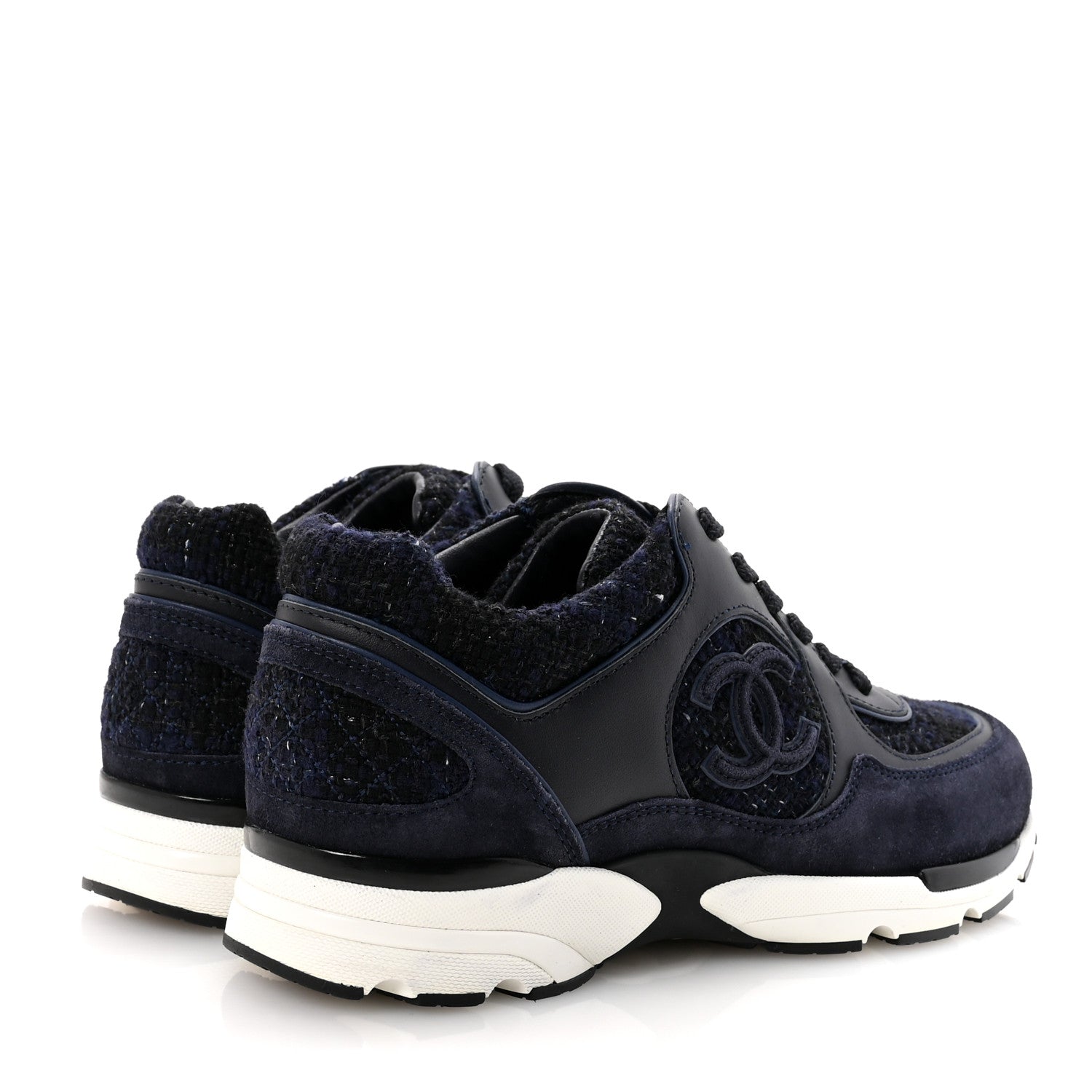 Chanel Tweed Suede Womens CC Sneakers 38 Black Blue 5 of 9