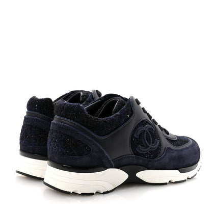 Chanel Tweed Suede Womens CC Sneakers 38 Black Blue 5 of 9
