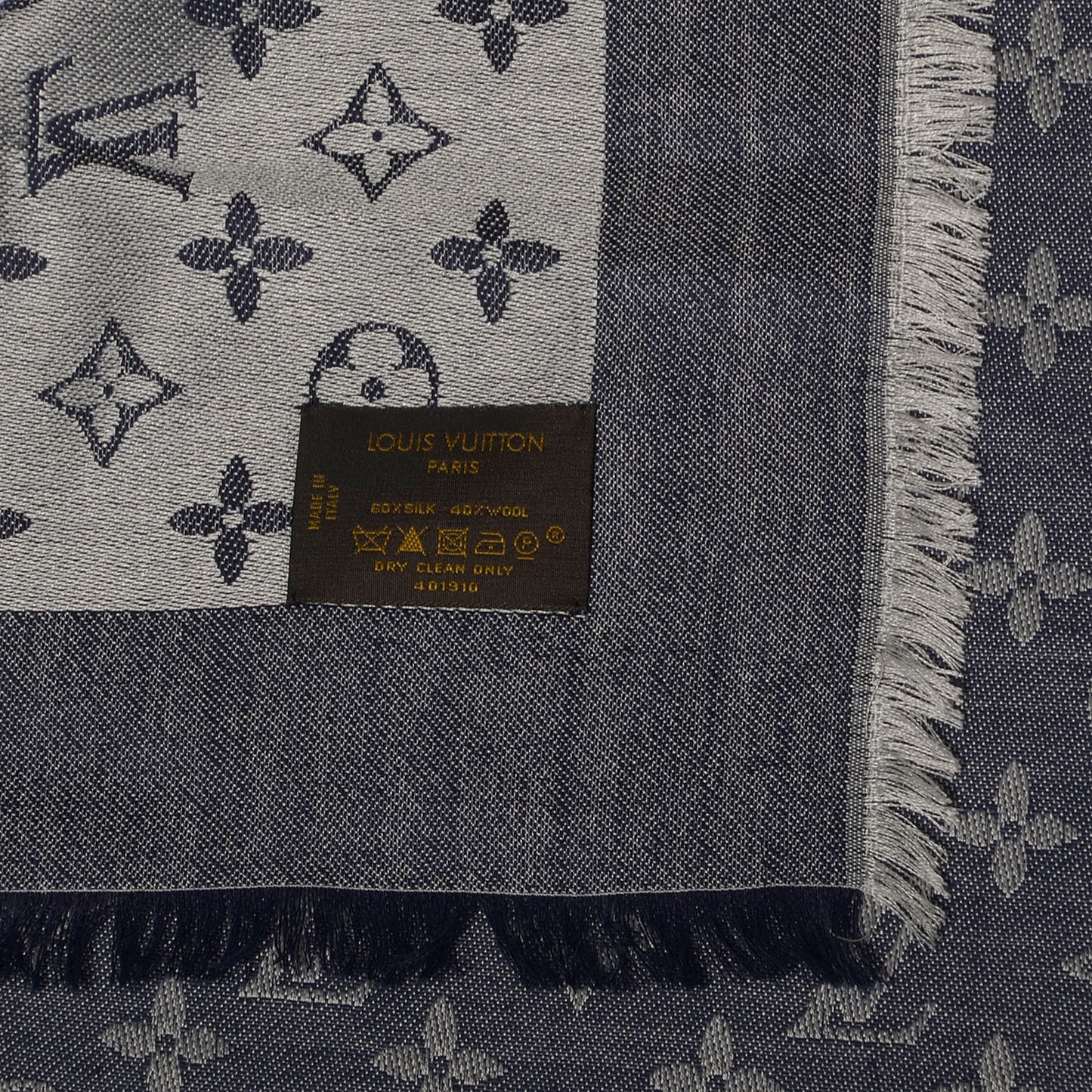 Silk Wool Monogram Denim Shawl Blue