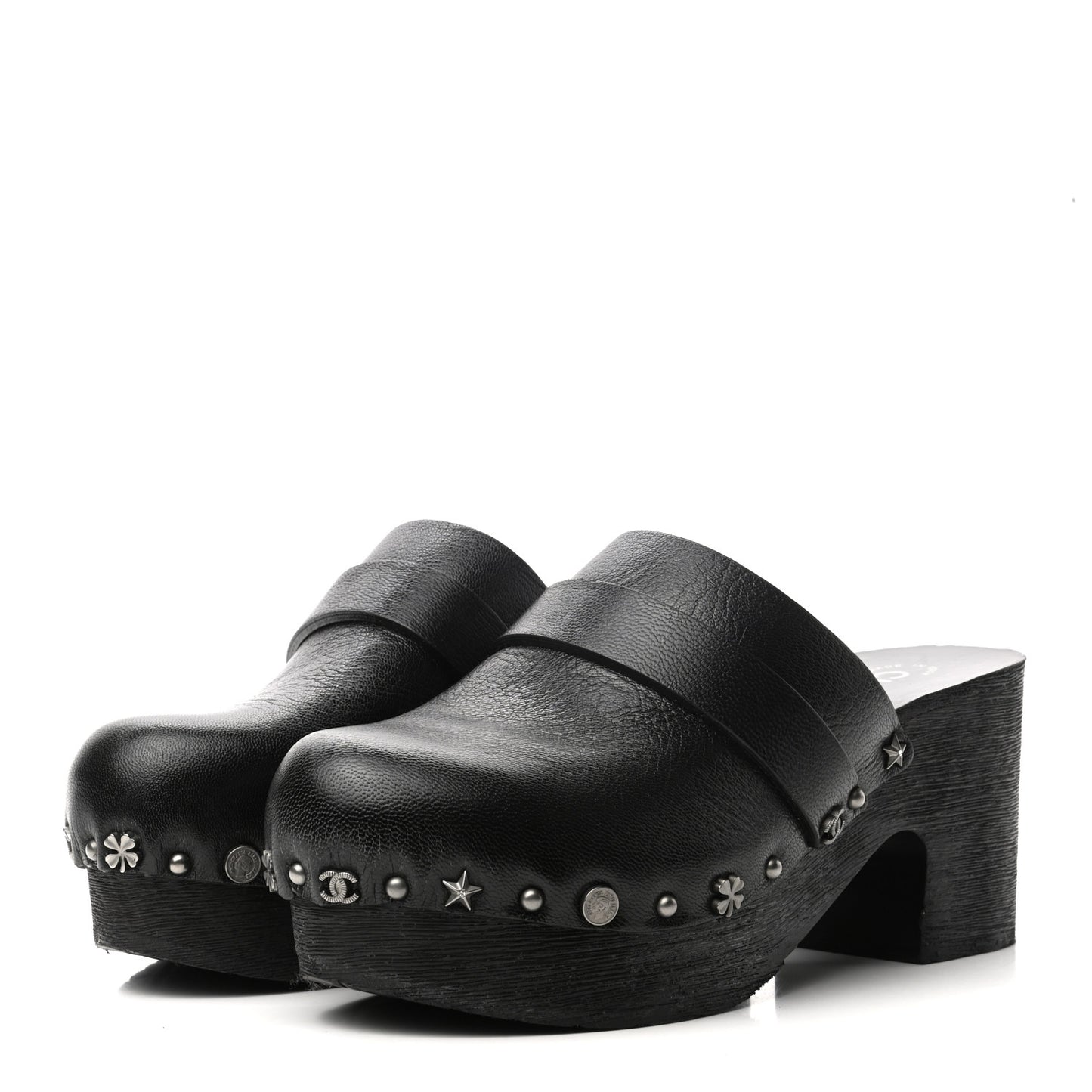 Calfskin CC Lucky Charms Studded Clogs 35 Black