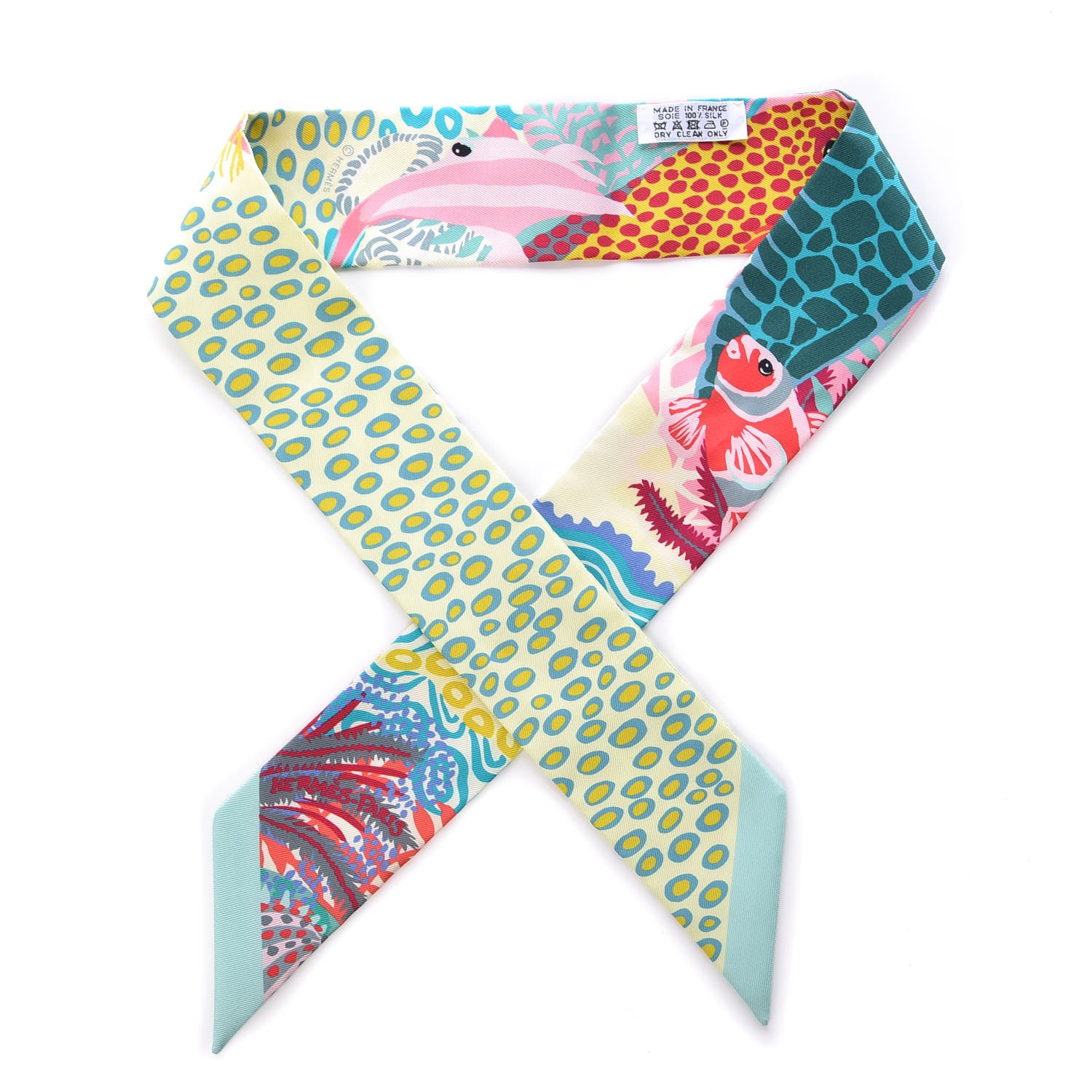 Hermes Silk Under The Waves Twilly Vert D Eau Jaune Soufre Rose 1 of 5
